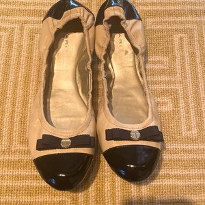 Tahari Tan/Camel Ballet Flats with Black Patent Accents & Black Grosgrain Bow